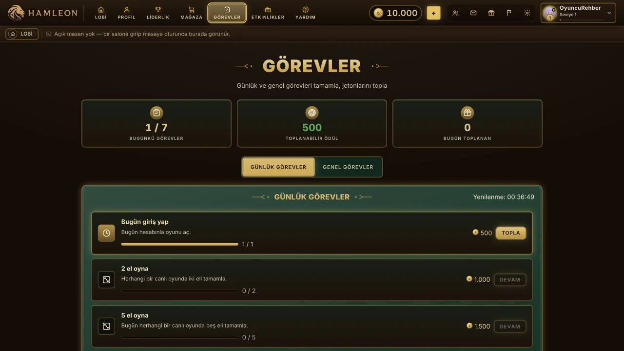 Hamleon günlük görevler ekranı