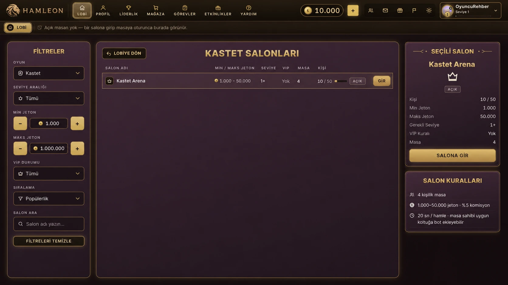 Kastet — Salon listesi